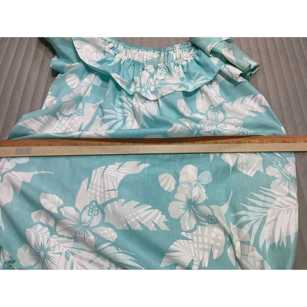 VTG 80/90s Kole Kole Hawaiian Aloha Muu Muu Ruffle Dress Aqua Monstera Women's S - Picture 13 of 16